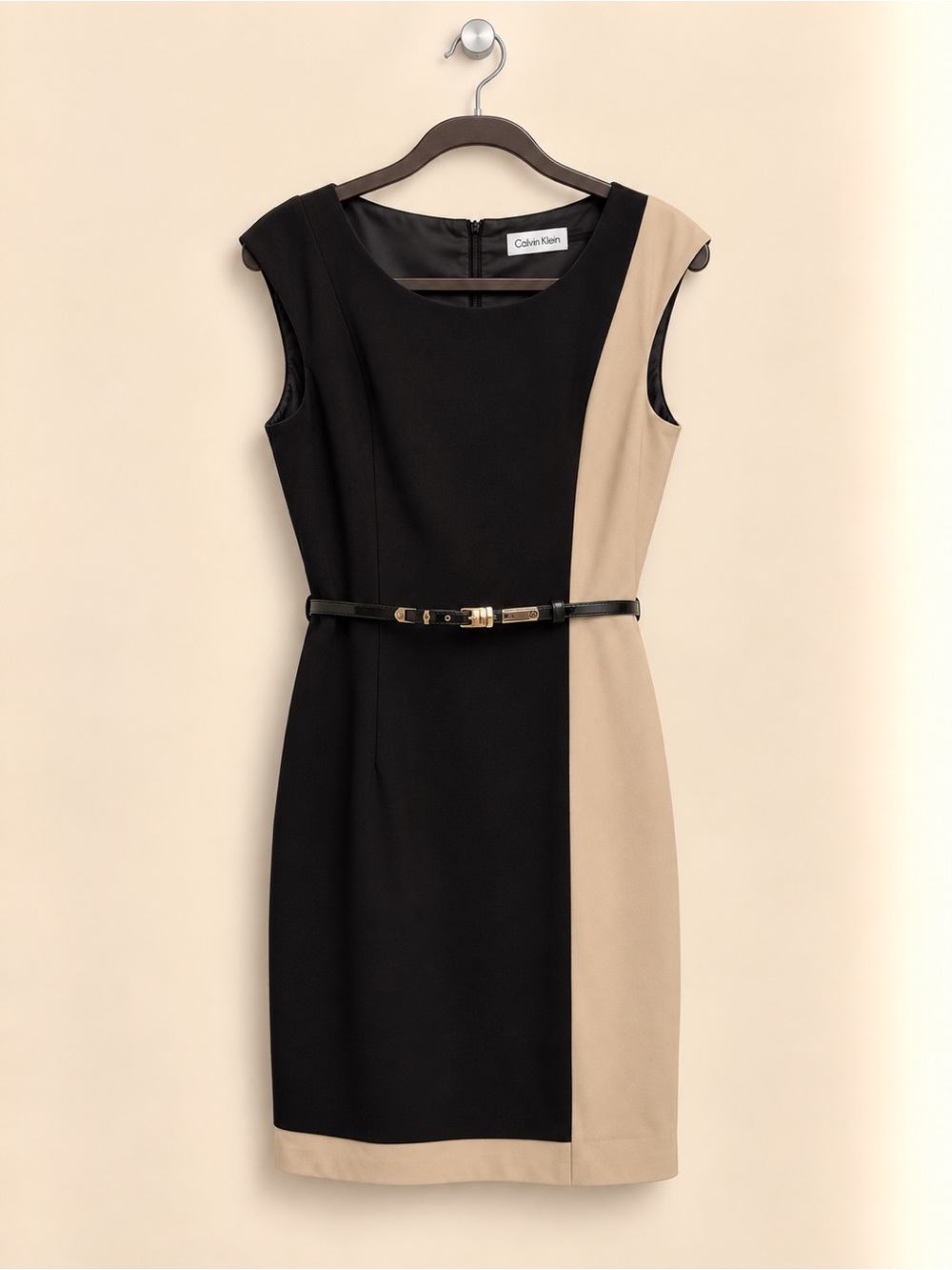 Calvin Klein Black Tan Colorblock Belted Sheath Dress Size 12 Like New